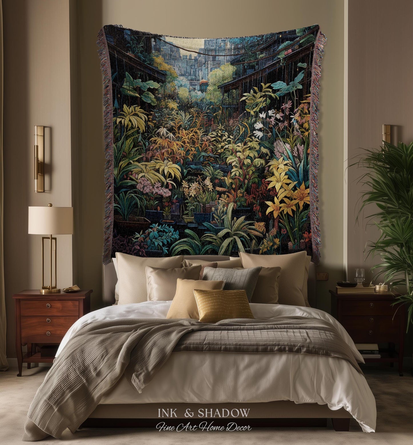 Amsterdam Flower Market Dark Floral Woven Throw Blanket | Flower Wall Backdrop Floral Tapestry Flower Market Wall Art Botanical Blanket |