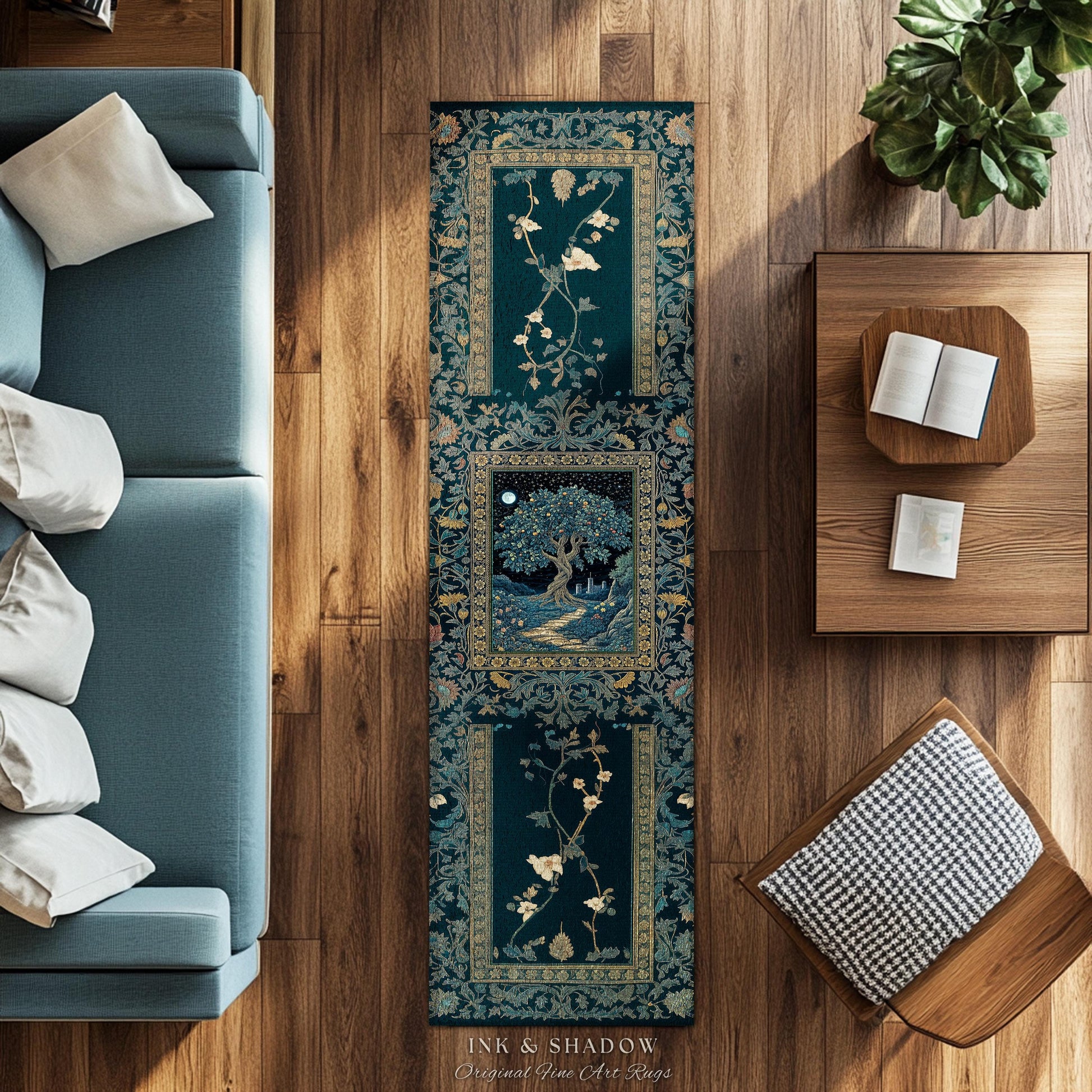 Enchanted Woodland Path Round Rug | Dreamy Moonlit Medieval Garden Decor Celestial Tree Art Whimsical Fairycore Gothic Castle Floor Accent
