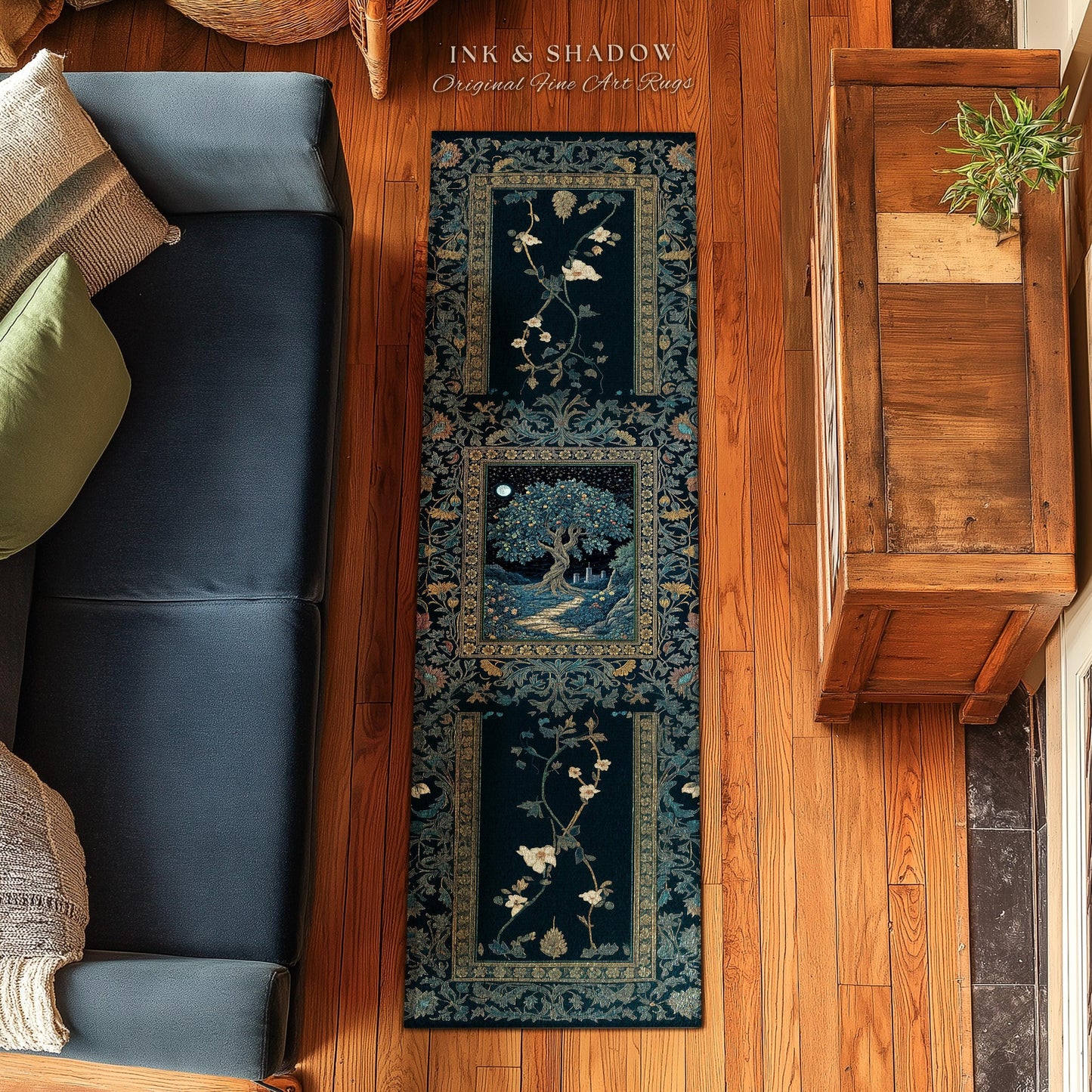 Enchanted Woodland Path Round Rug | Dreamy Moonlit Medieval Garden Decor Celestial Tree Art Whimsical Fairycore Gothic Castle Floor Accent