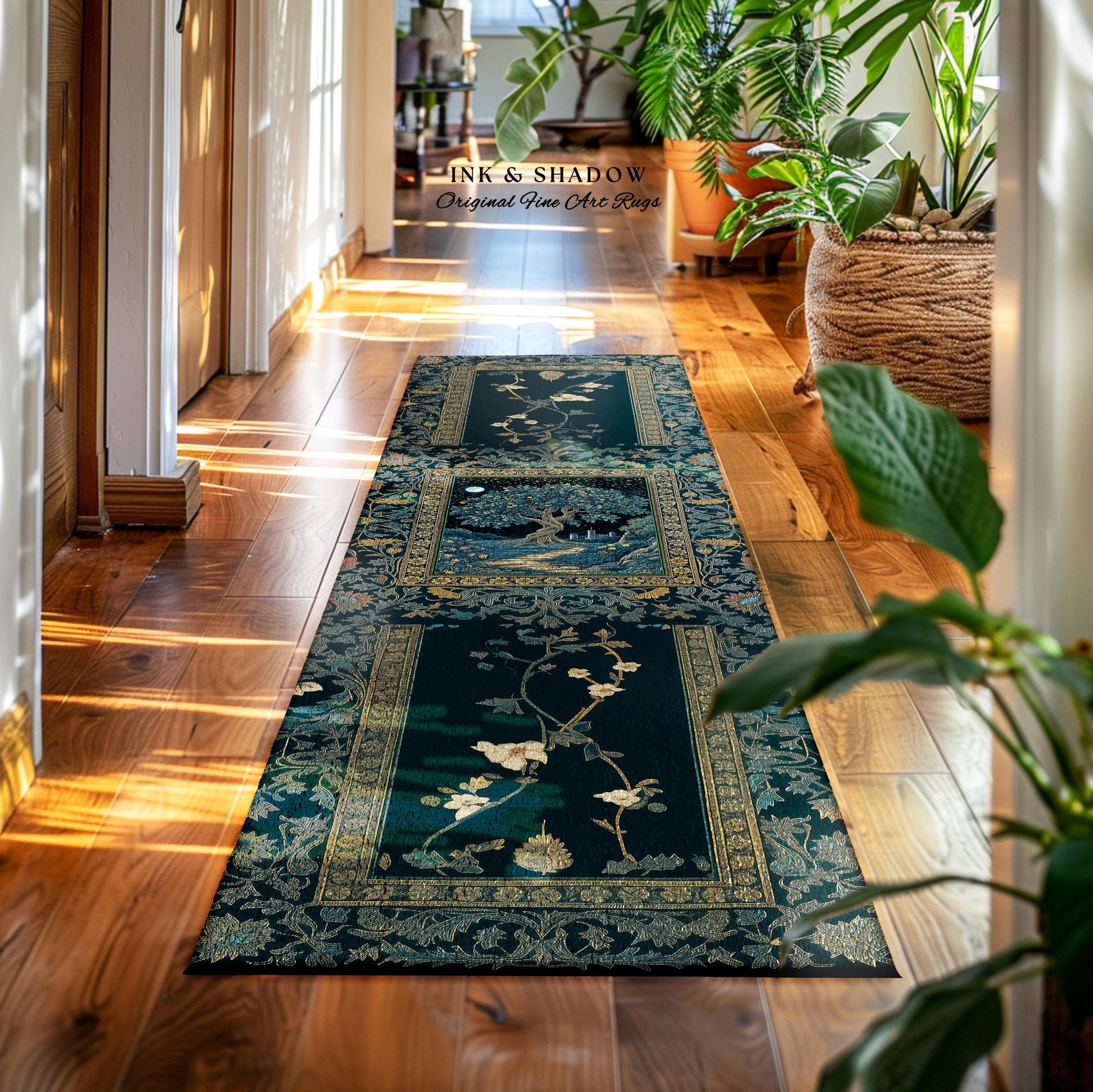 Enchanted Woodland Path Round Rug | Dreamy Moonlit Medieval Garden Decor Celestial Tree Art Whimsical Fairycore Gothic Castle Floor Accent