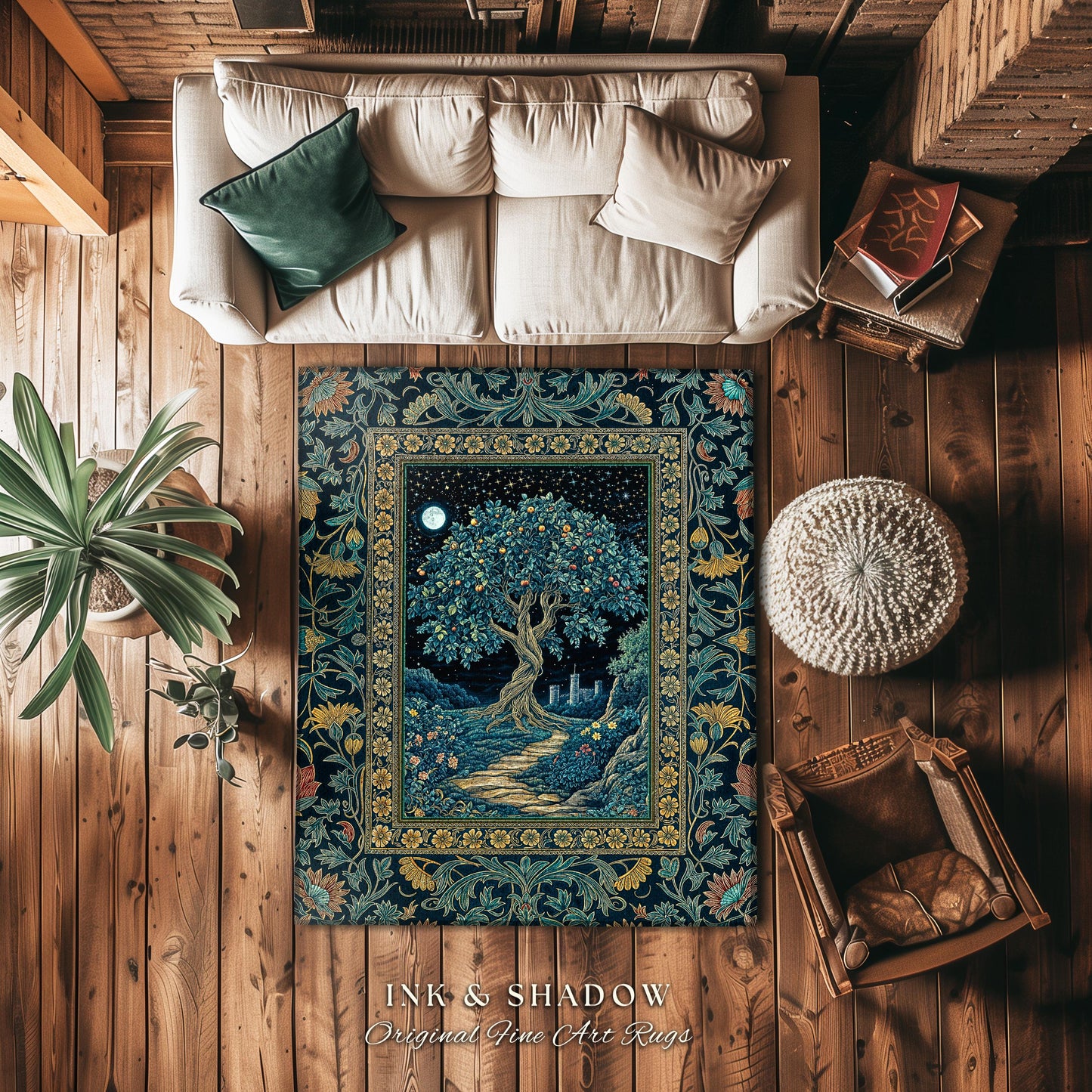Enchanted Woodland Path Round Rug | Dreamy Moonlit Medieval Garden Decor Celestial Tree Art Whimsical Fairycore Gothic Castle Floor Accent