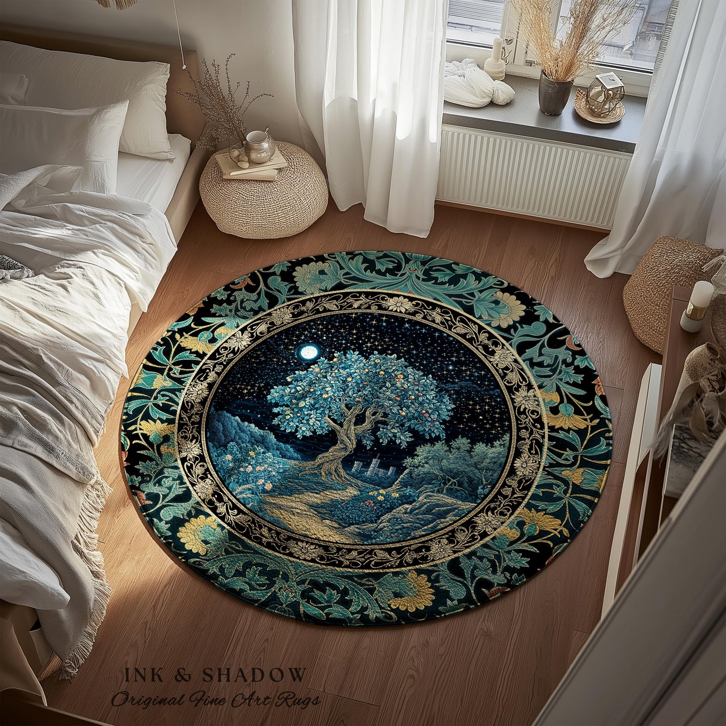 Enchanted Woodland Path Round Rug | Dreamy Moonlit Medieval Garden Decor Celestial Tree Art Whimsical Fairycore Gothic Castle Floor Accent