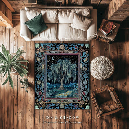 Starry Night Weeping Willow Tree Runner Rug | Woodland Folklore Moonlit Celestial Castle Fairytale Decor Ethereal Witchy Whimsy Floor Accent