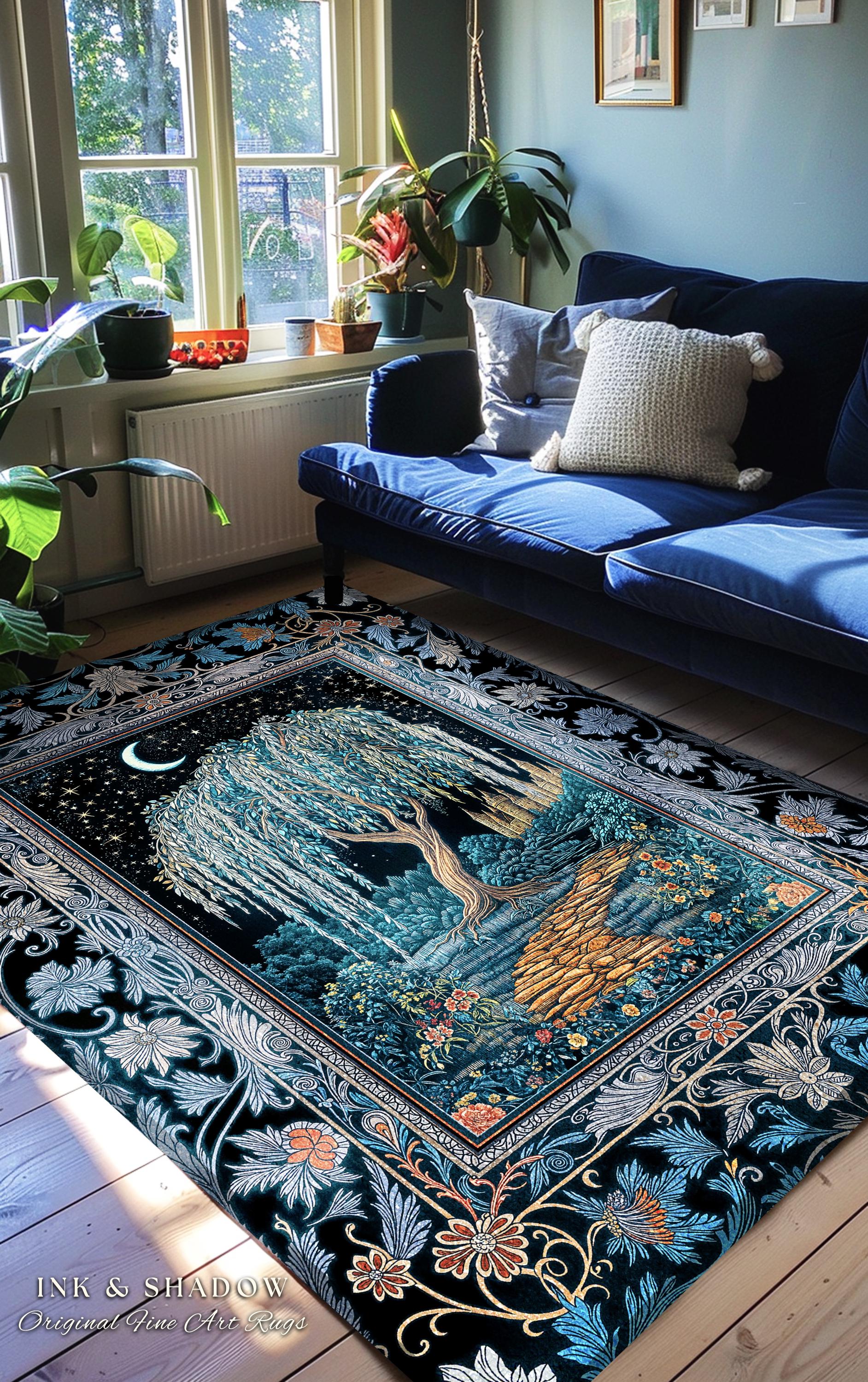 Crescent Moon Medieval Forest Runner Rug | Weeping Willow Tree Fairytale Castle Garden Folklore Decor Whimsical Celestial Art Floor Accent