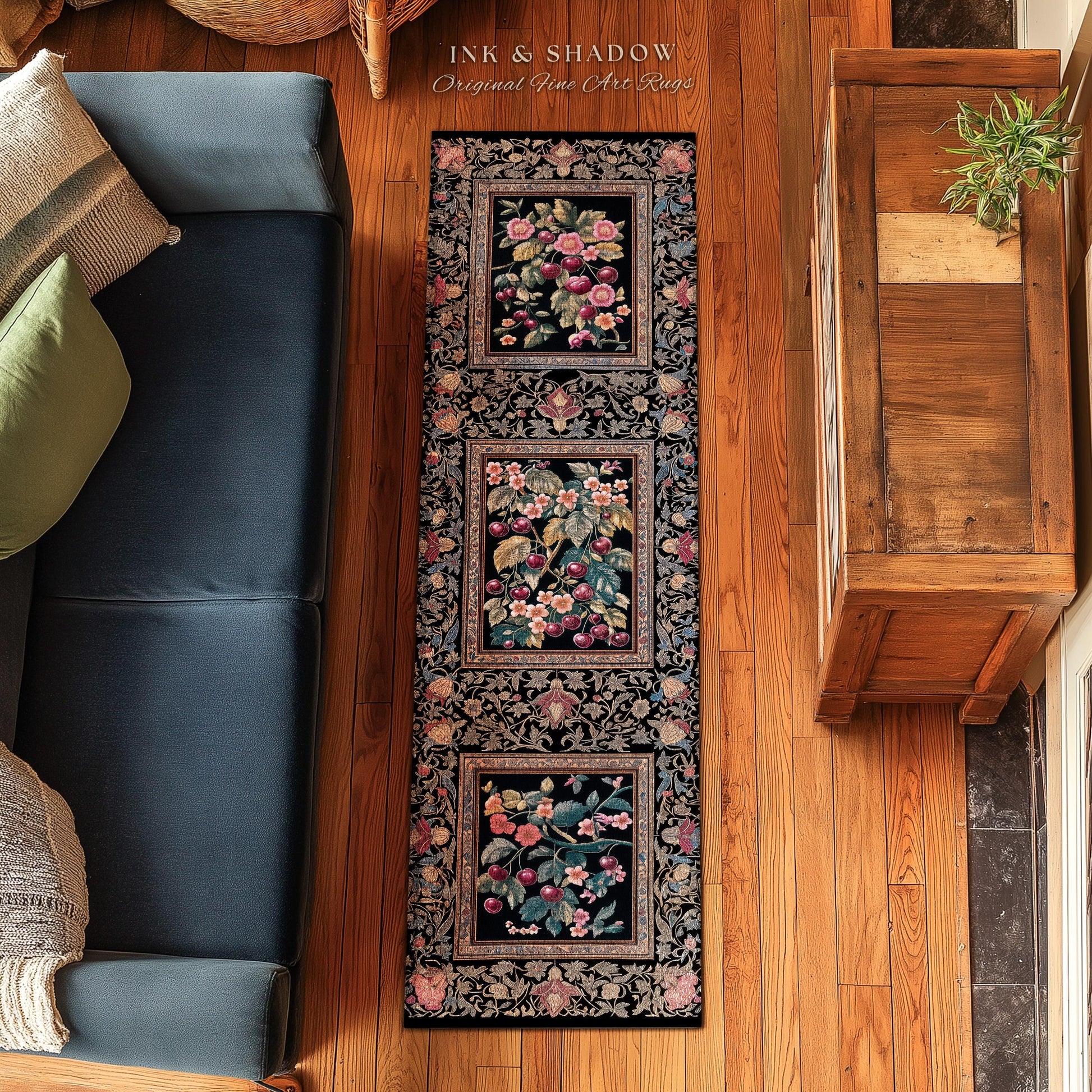 Dark Romantic Cherry Blossom Area Rug Vintage Botanical Art | Victorian Gothic Floral Garden Floor Accent Mat Moody Baroque Academia Decor