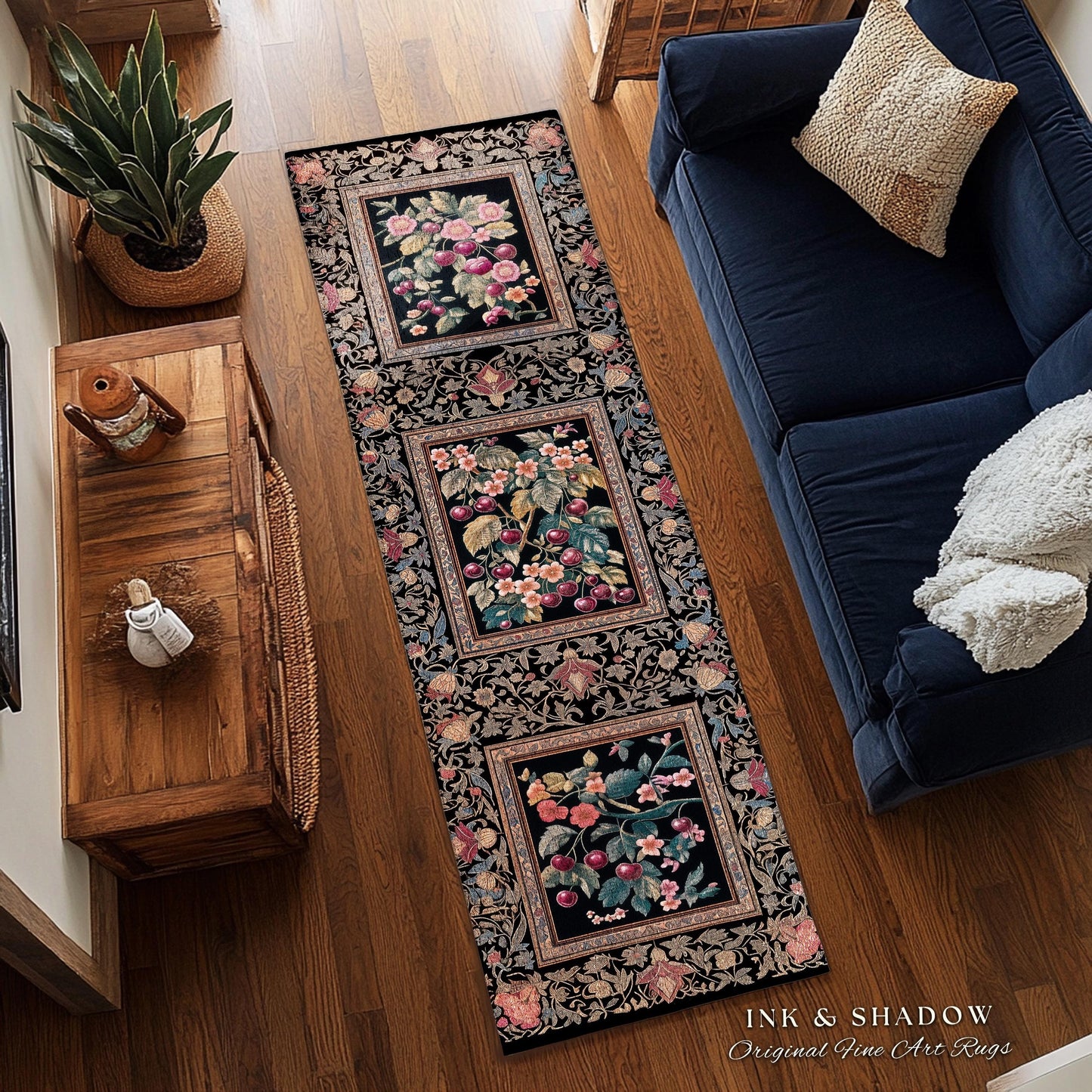 Dark Romantic Cherry Blossom Area Rug Vintage Botanical Art | Victorian Gothic Floral Garden Floor Accent Mat Moody Baroque Academia Decor