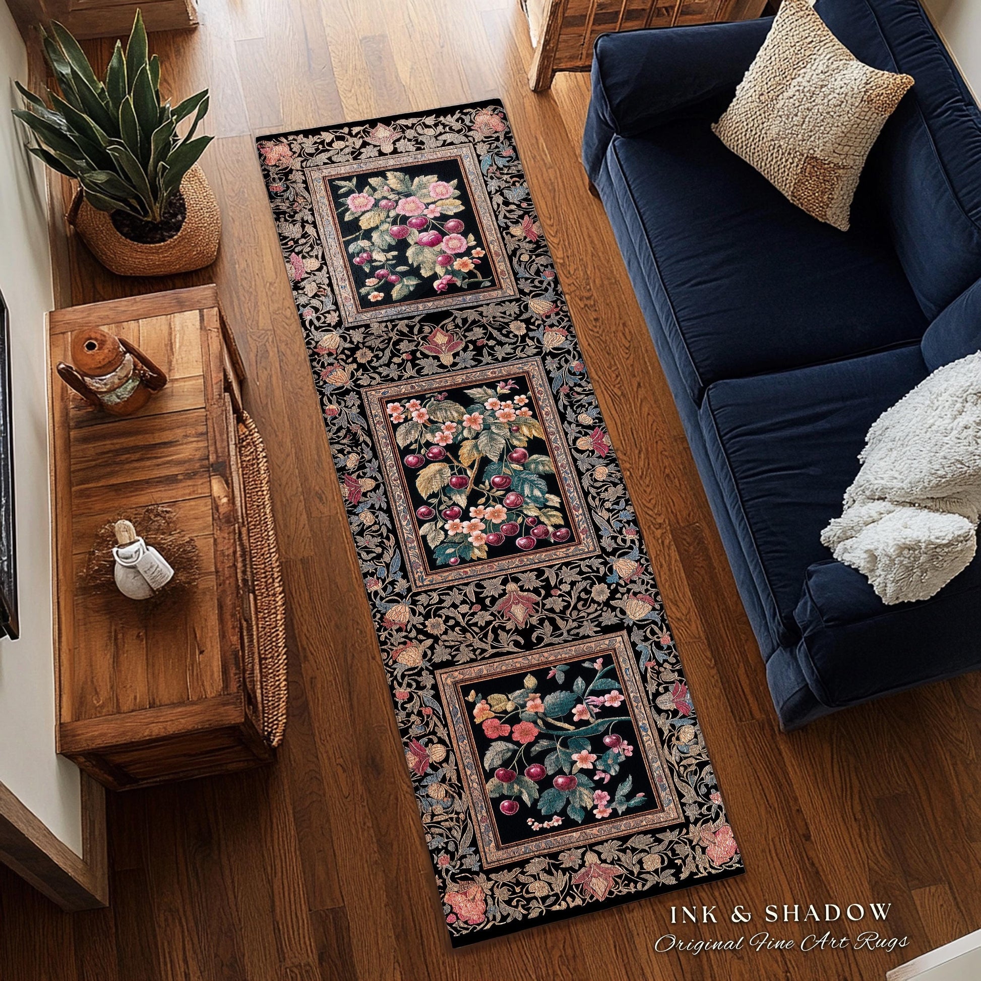 Dark Romantic Cherry Blossom Area Rug Vintage Botanical Art | Victorian Gothic Floral Garden Floor Accent Mat Moody Baroque Academia Decor
