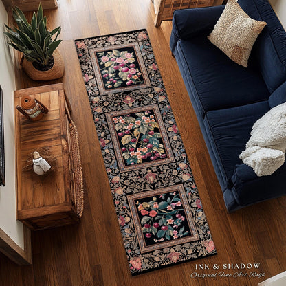 Dark Romantic Cherry Blossom Area Rug Vintage Botanical Art | Victorian Gothic Floral Garden Floor Accent Mat Moody Baroque Academia Decor