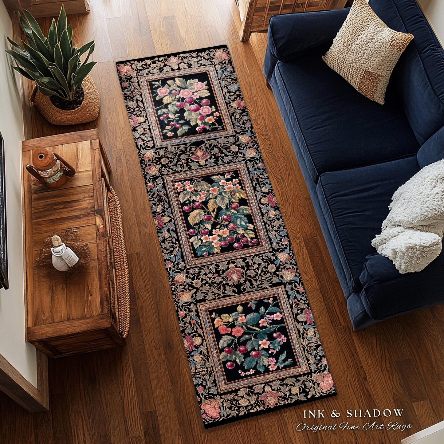 Dark Romantic Cherry Blossom Statement Runner Rug Vintage Botanical Art | Victorian Gothic Floral Garden Hallway Entry Runner Long Floor Mat