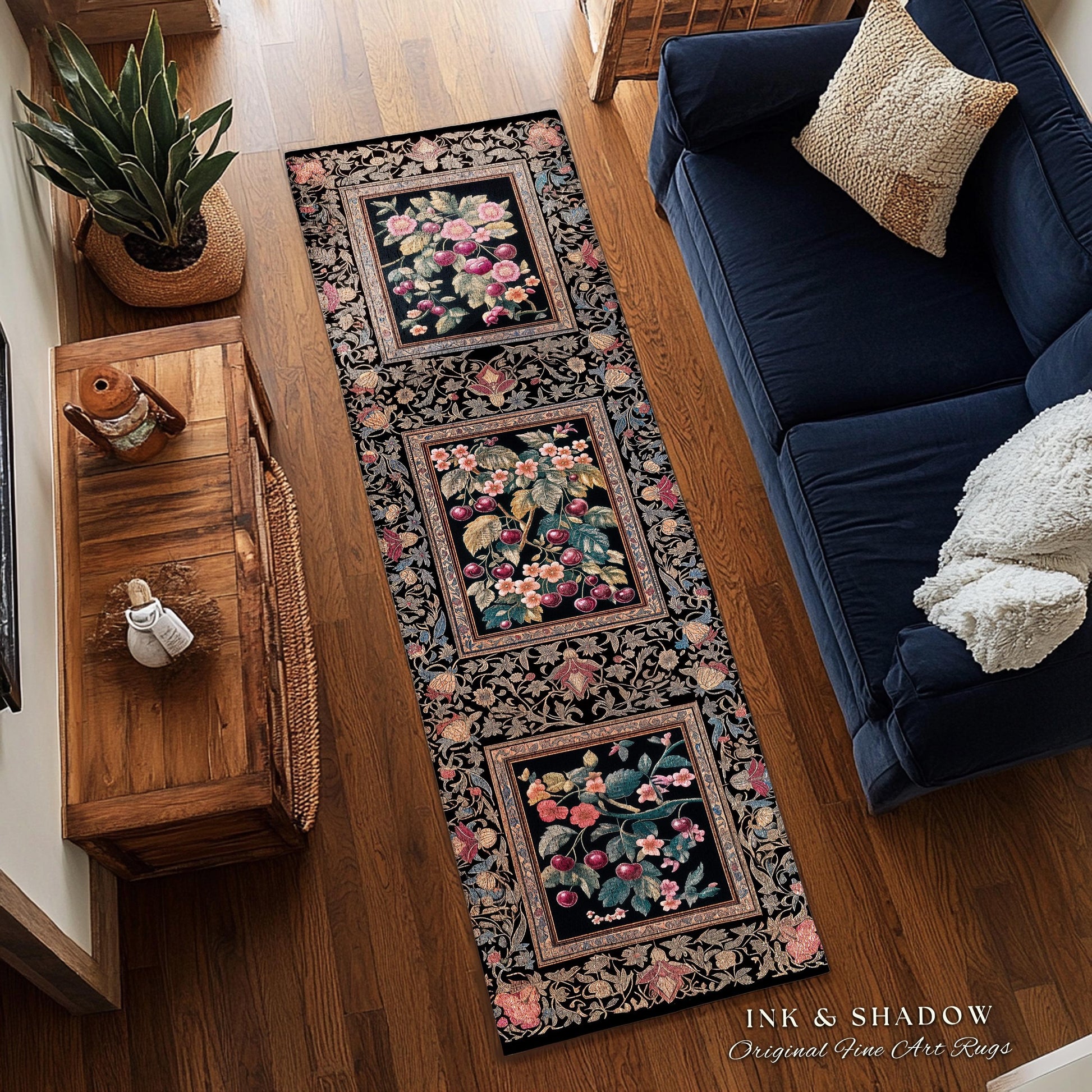 Dark Romantic Cherry Blossom Statement Runner Rug Vintage Botanical Art | Victorian Gothic Floral Garden Hallway Entry Runner Long Floor Mat