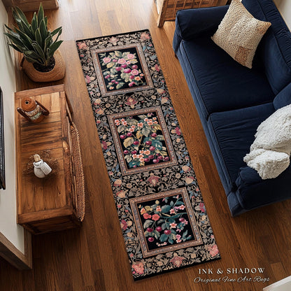 Dark Romantic Cherry Blossom Statement Runner Rug Vintage Botanical Art | Victorian Gothic Floral Garden Hallway Entry Runner Long Floor Mat