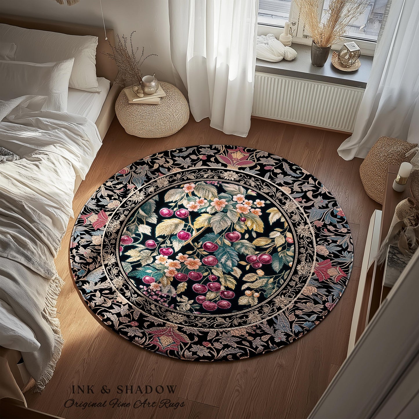Dark Romantic Cherry Blossom Area Rug Vintage Botanical Art | Victorian Gothic Floral Garden Floor Accent Mat Moody Baroque Academia Decor
