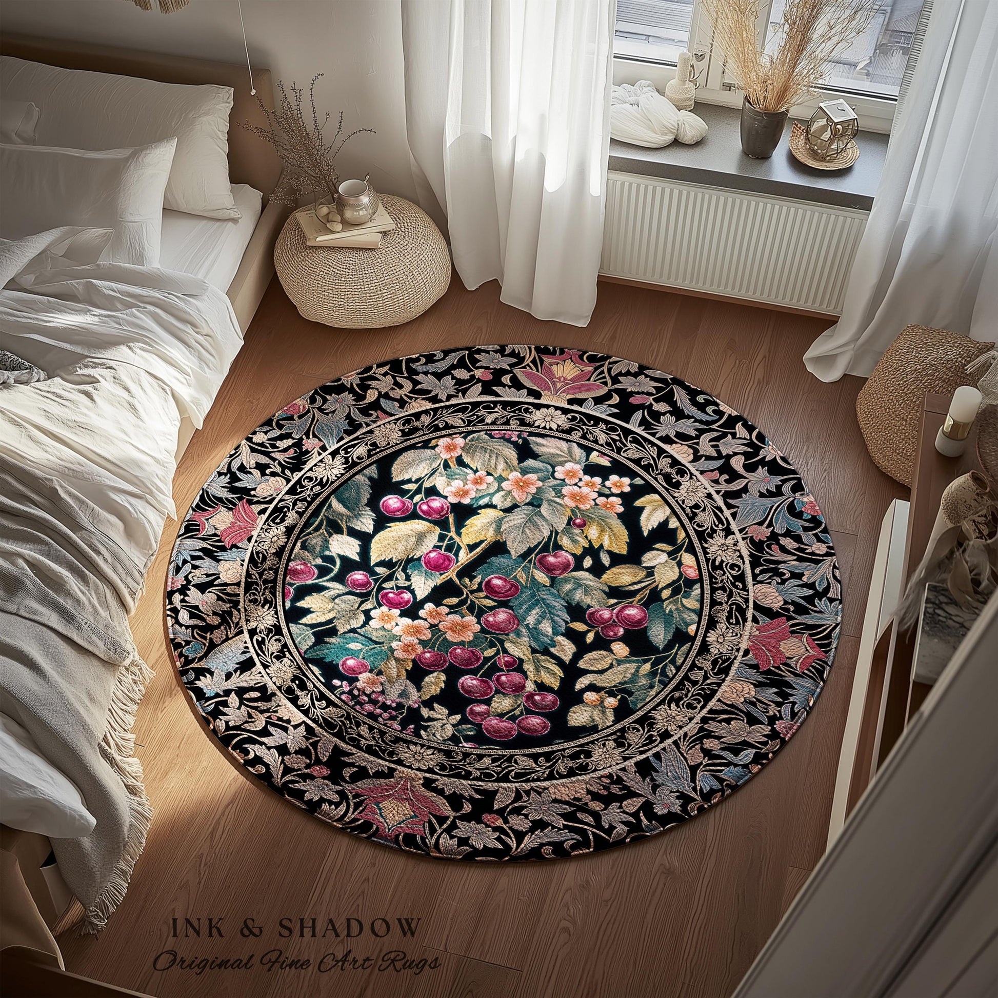 Dark Romantic Cherry Blossom Area Rug Vintage Botanical Art | Victorian Gothic Floral Garden Floor Accent Mat Moody Baroque Academia Decor