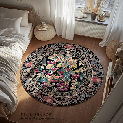 Dark Romantic Cherry Blossom Statement Runner Rug Vintage Botanical Art | Victorian Gothic Floral Garden Hallway Entry Runner Long Floor Mat