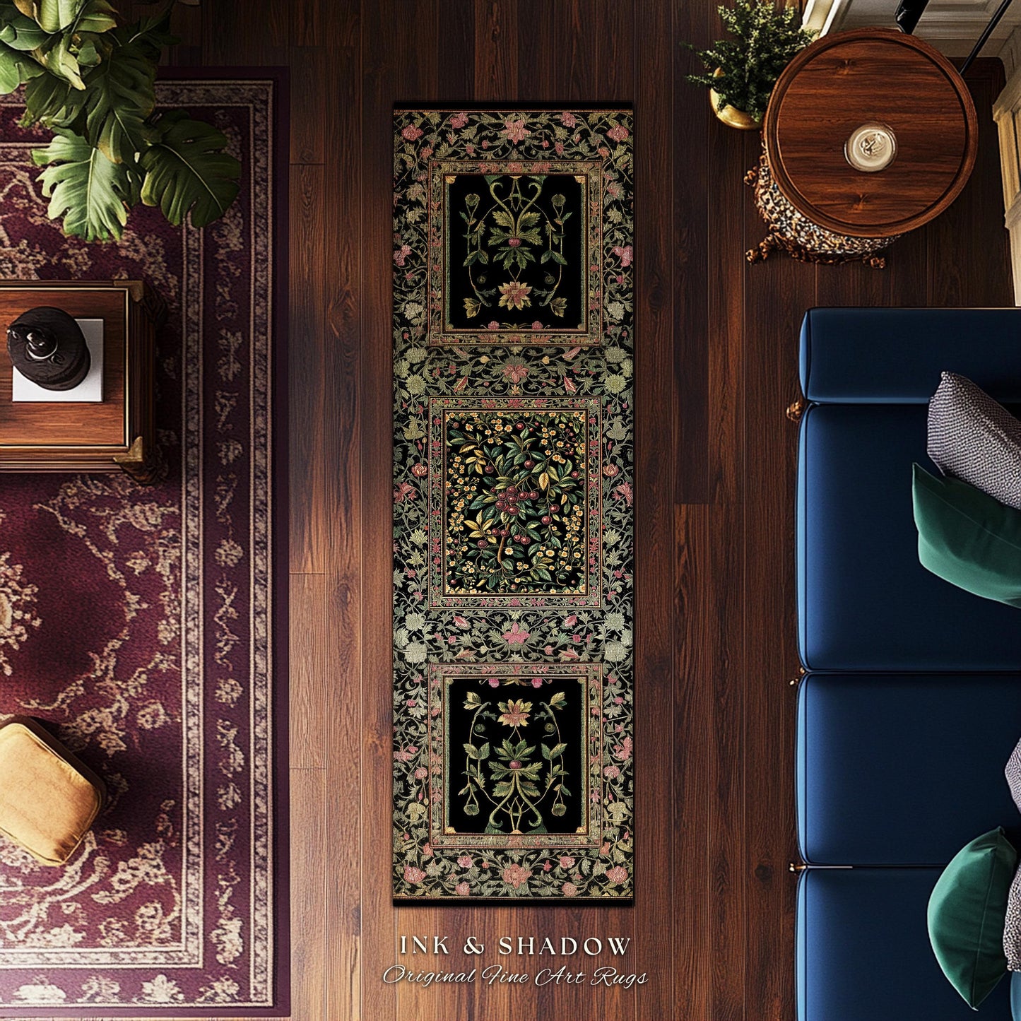Gothic Elegance Botanical Cherry Art Rug | Romantic Dark Cottagecore Floral Fruit Garden Decor Whimsical Victorian Style Floor Mat Accent
