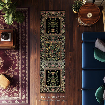 Gothic Elegance Botanical Cherry Art Rug | Romantic Dark Cottagecore Floral Fruit Garden Decor Whimsical Victorian Style Floor Mat Accent