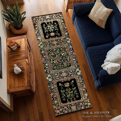 Gothic Elegance Botanical Cherry Art Rug | Romantic Dark Cottagecore Floral Fruit Garden Decor Whimsical Victorian Style Floor Mat Accent