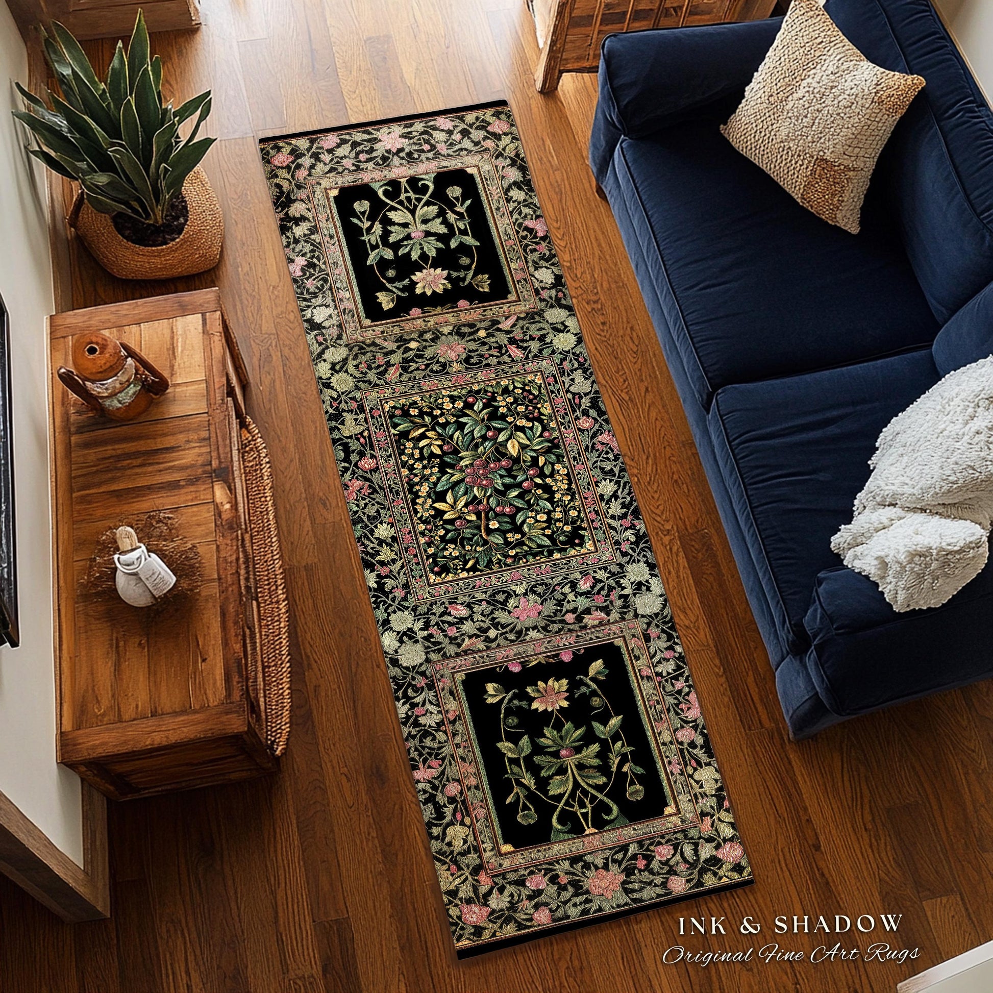 Gothic Elegance Botanical Cherry Elegant Runner Rug | Romantic Dark Cottagecore Floral Hallway Mat Whimsical Vintage Victorian Garden Decor
