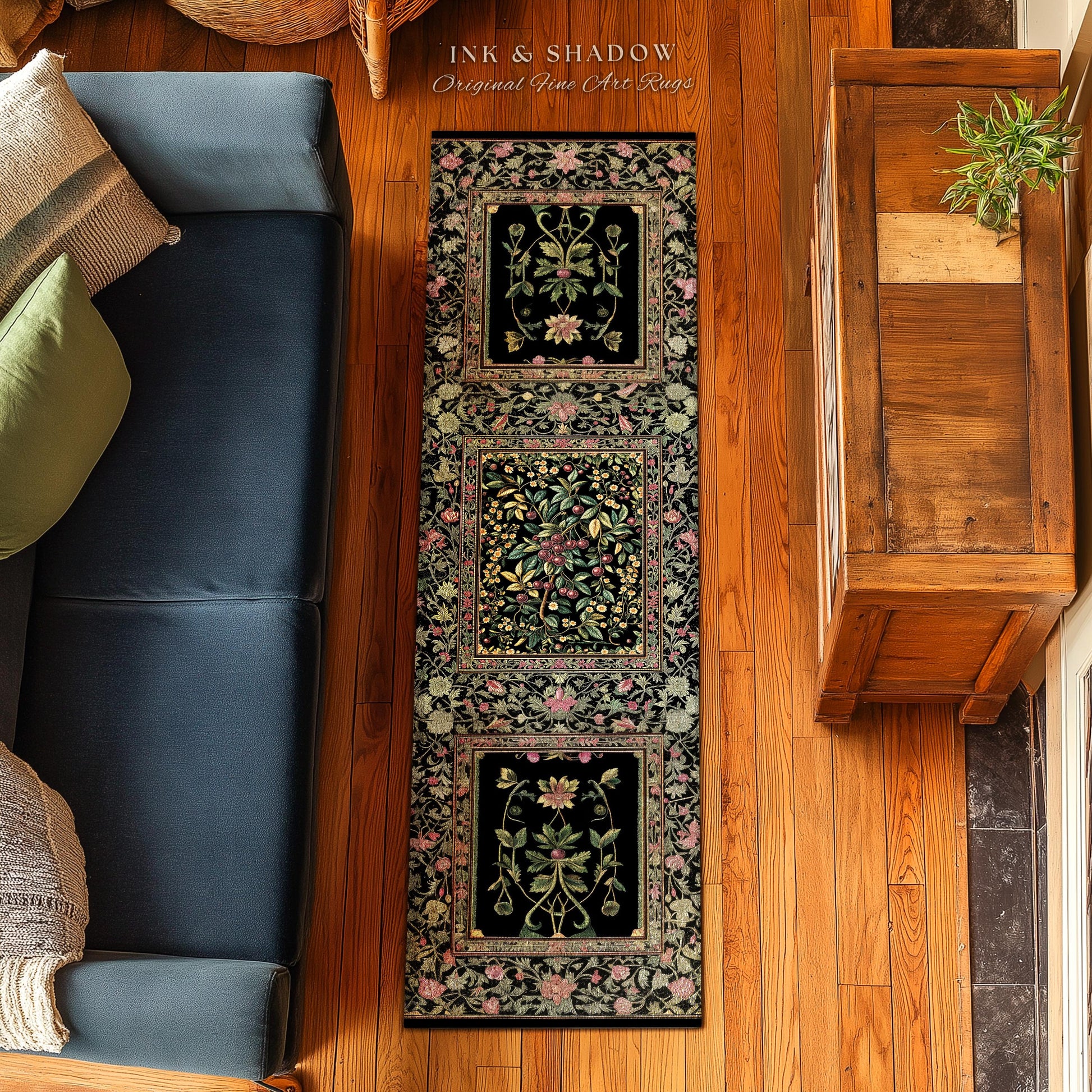Gothic Elegance Botanical Cherry Art Rug | Romantic Dark Cottagecore Floral Fruit Garden Decor Whimsical Victorian Style Floor Mat Accent