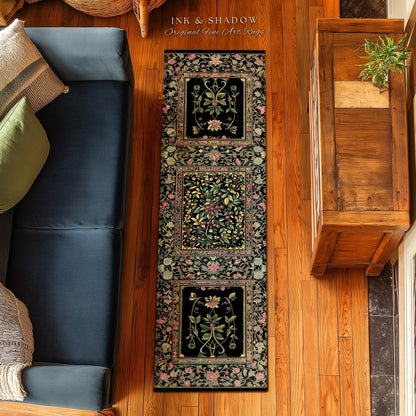 Gothic Elegance Botanical Cherry Art Rug | Romantic Dark Cottagecore Floral Fruit Garden Decor Whimsical Victorian Style Floor Mat Accent