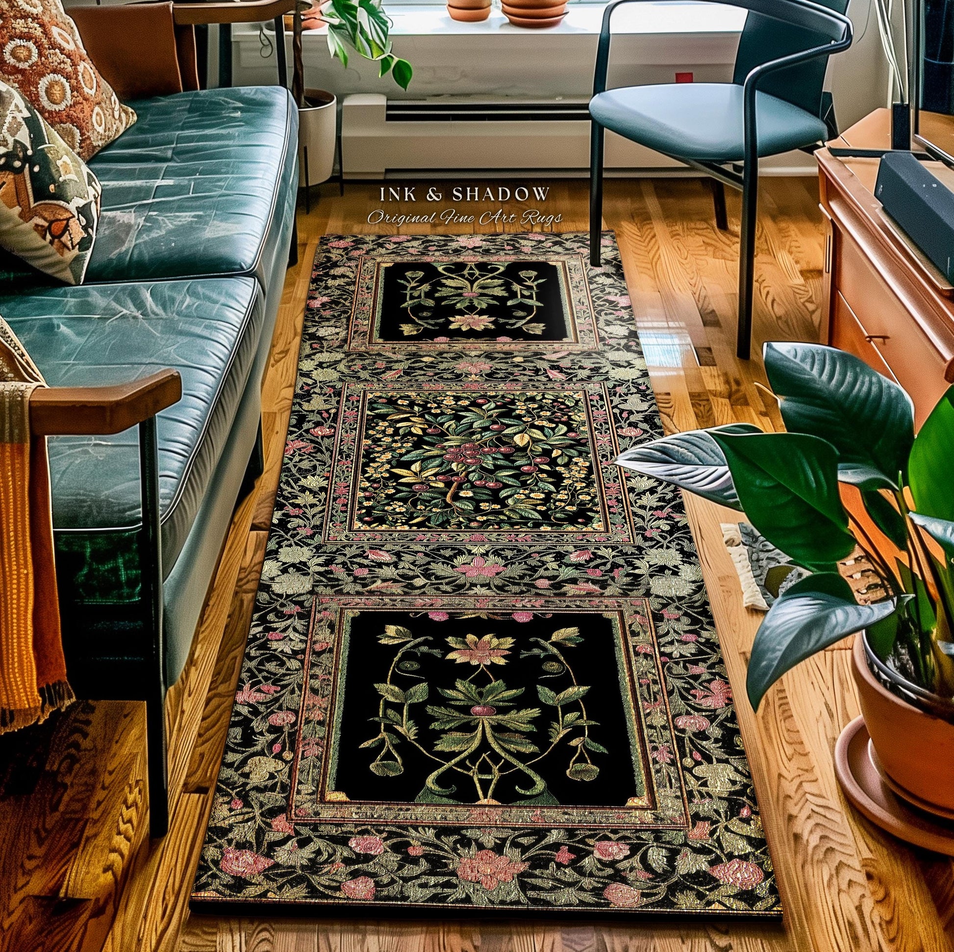 Gothic Elegance Botanical Cherry Art Rug | Romantic Dark Cottagecore Floral Fruit Garden Decor Whimsical Victorian Style Floor Mat Accent