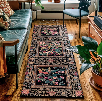 Dark Romantic Cherry Blossom Statement Runner Rug Vintage Botanical Art | Victorian Gothic Floral Garden Hallway Entry Runner Long Floor Mat