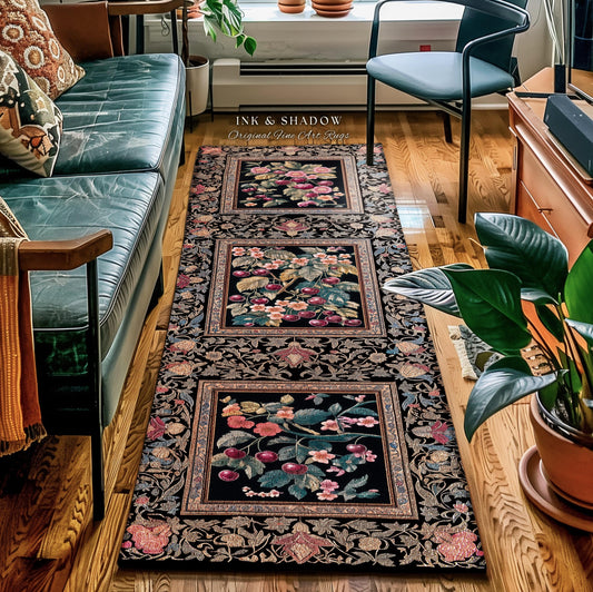 Dark Romantic Cherry Blossom Statement Runner Rug Vintage Botanical Art | Victorian Gothic Floral Garden Hallway Entry Runner Long Floor Mat
