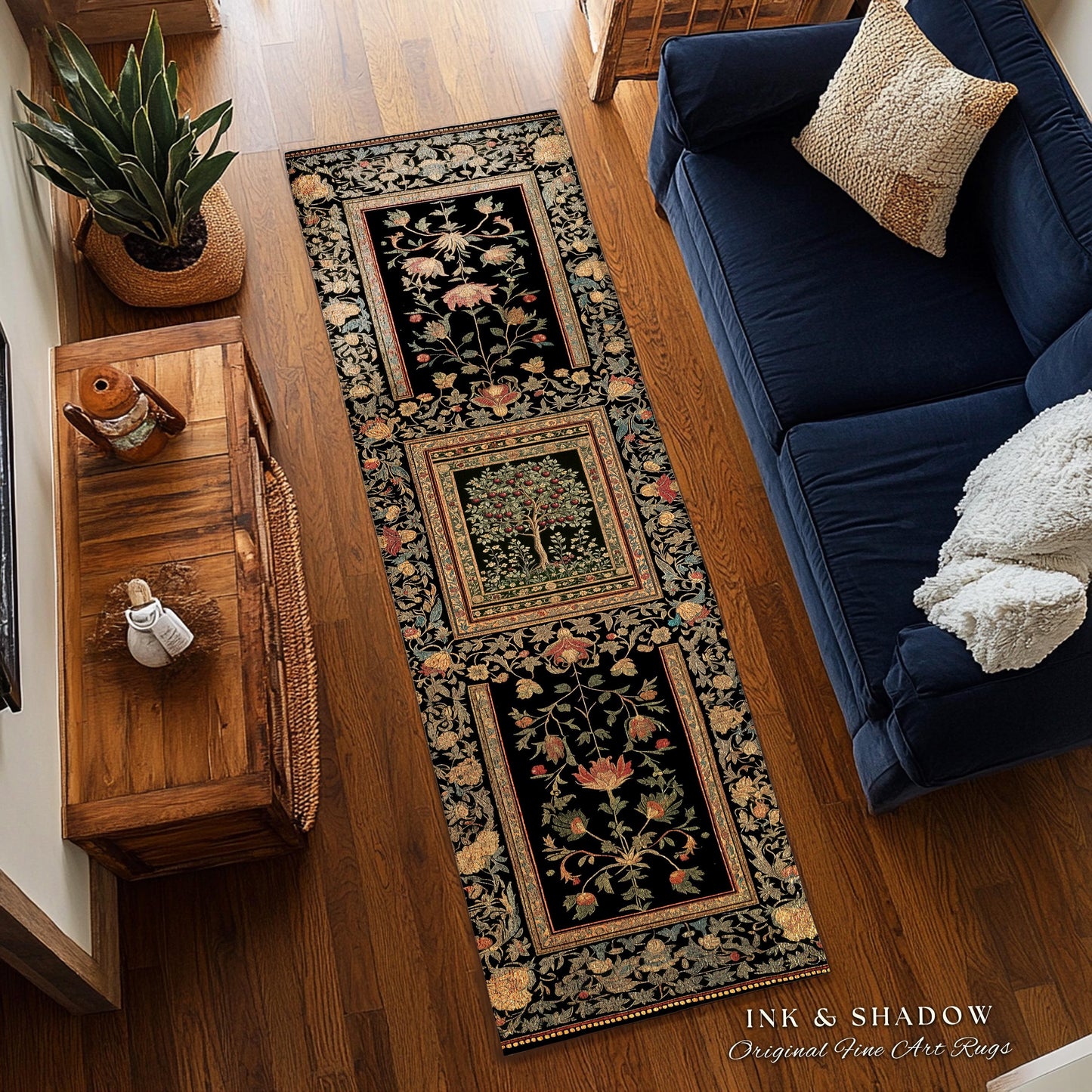 Rustic Garden Cherry Fruit Tree of Life Runner Hallway Decor Rug | Medieval Floral Gothic Botanical Baroque Vintage Style Narrow Entry Mat