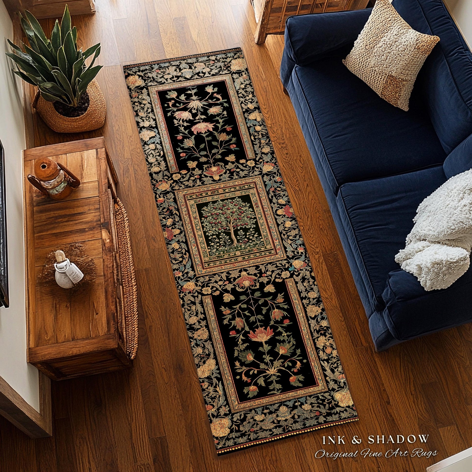 Rustic Garden Cherry Fruit Tree of Life Runner Hallway Decor Rug | Medieval Floral Gothic Botanical Baroque Vintage Style Narrow Entry Mat