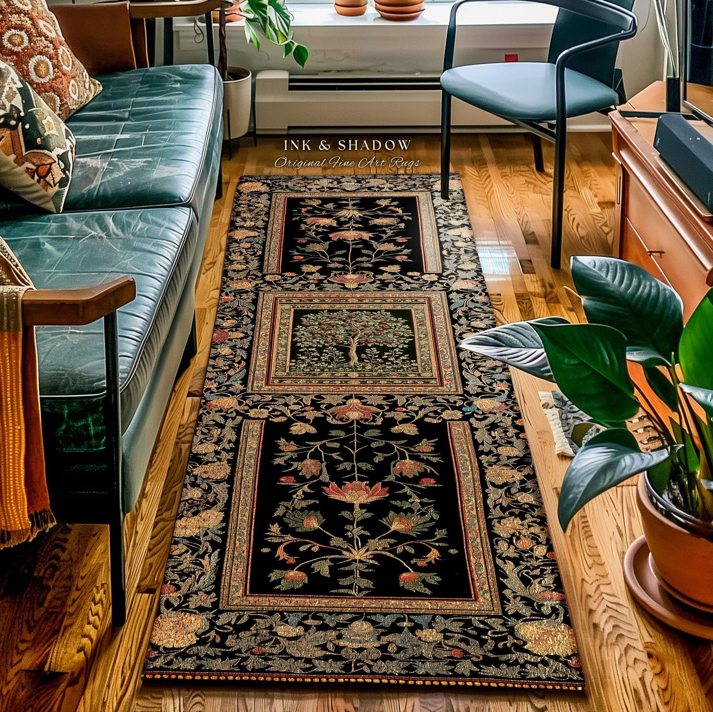 Rustic Garden Cherry Fruit Tree Area Rug | Medieval Floral Motif Gothic Botanical Decor Romantic Baroque Vintage Style Floor Art Mat Accent