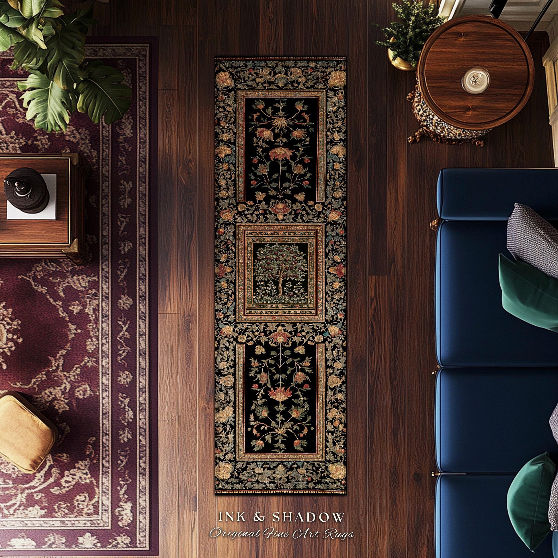 Rustic Garden Cherry Fruit Tree Area Rug | Medieval Floral Motif Gothic Botanical Decor Romantic Baroque Vintage Style Floor Art Mat Accent