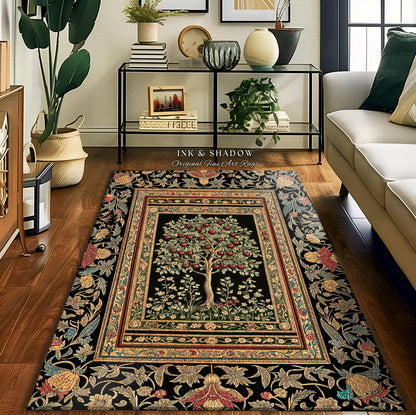 May include: A rectangular black rug with a central tree design laden with red fruit, framed by a detailed border of floral and leaf patterns. The rug features the text "INK & SHADOW Original Fine Art Rugs".