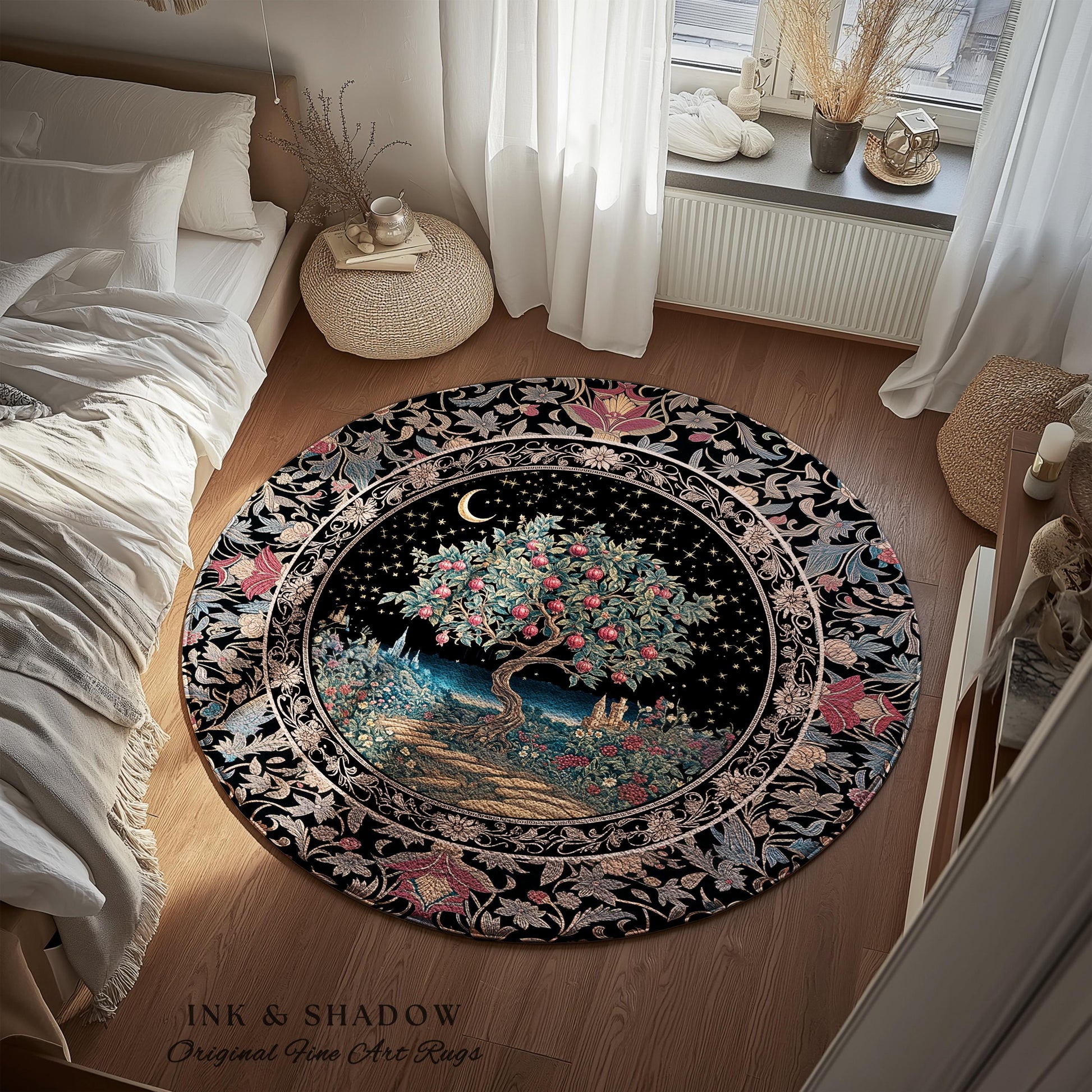 Twilight Orchard Tree of Life Round Rug | Enchanted Harvest Aesthetic Crimson Medieval Moonlit Magic Art Eclectic Interior Home Floor Accent