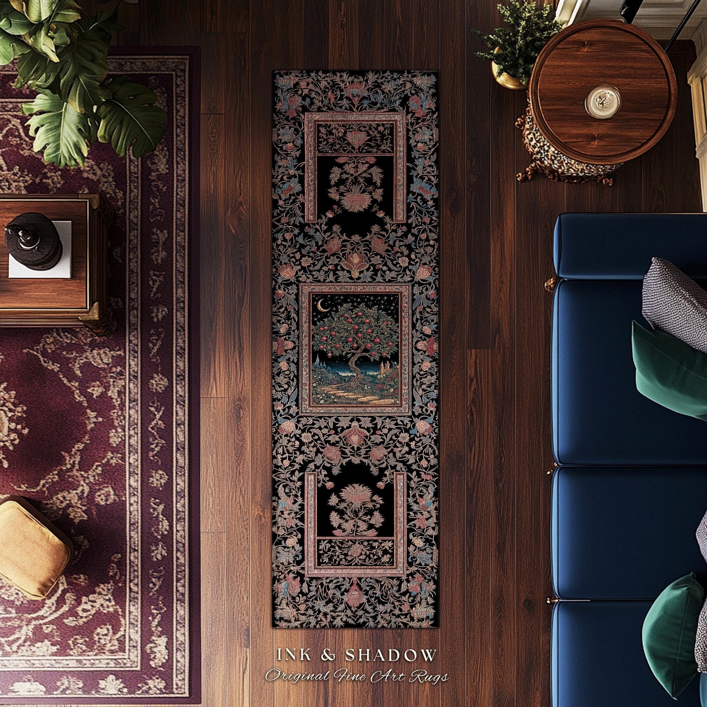 Twilight Orchard Tree of Life Round Rug | Enchanted Harvest Aesthetic Crimson Medieval Moonlit Magic Art Eclectic Interior Home Floor Accent