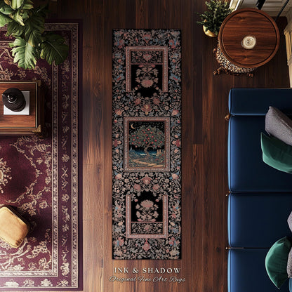 Twilight Orchard Tree of Life Round Rug | Enchanted Harvest Aesthetic Crimson Medieval Moonlit Magic Art Eclectic Interior Home Floor Accent