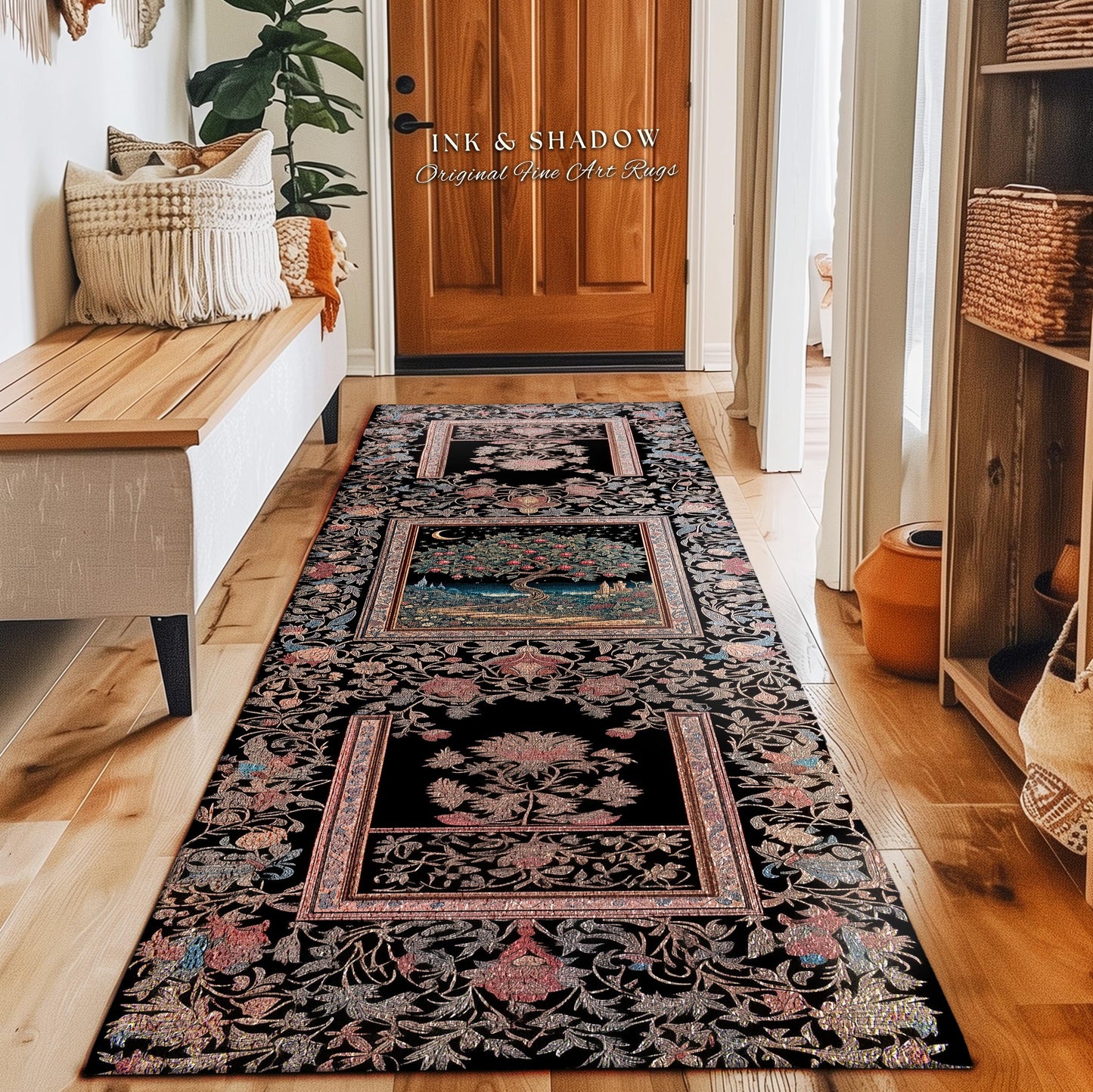 Twilight Orchard Tree of Life Round Rug | Enchanted Harvest Aesthetic Crimson Medieval Moonlit Magic Art Eclectic Interior Home Floor Accent