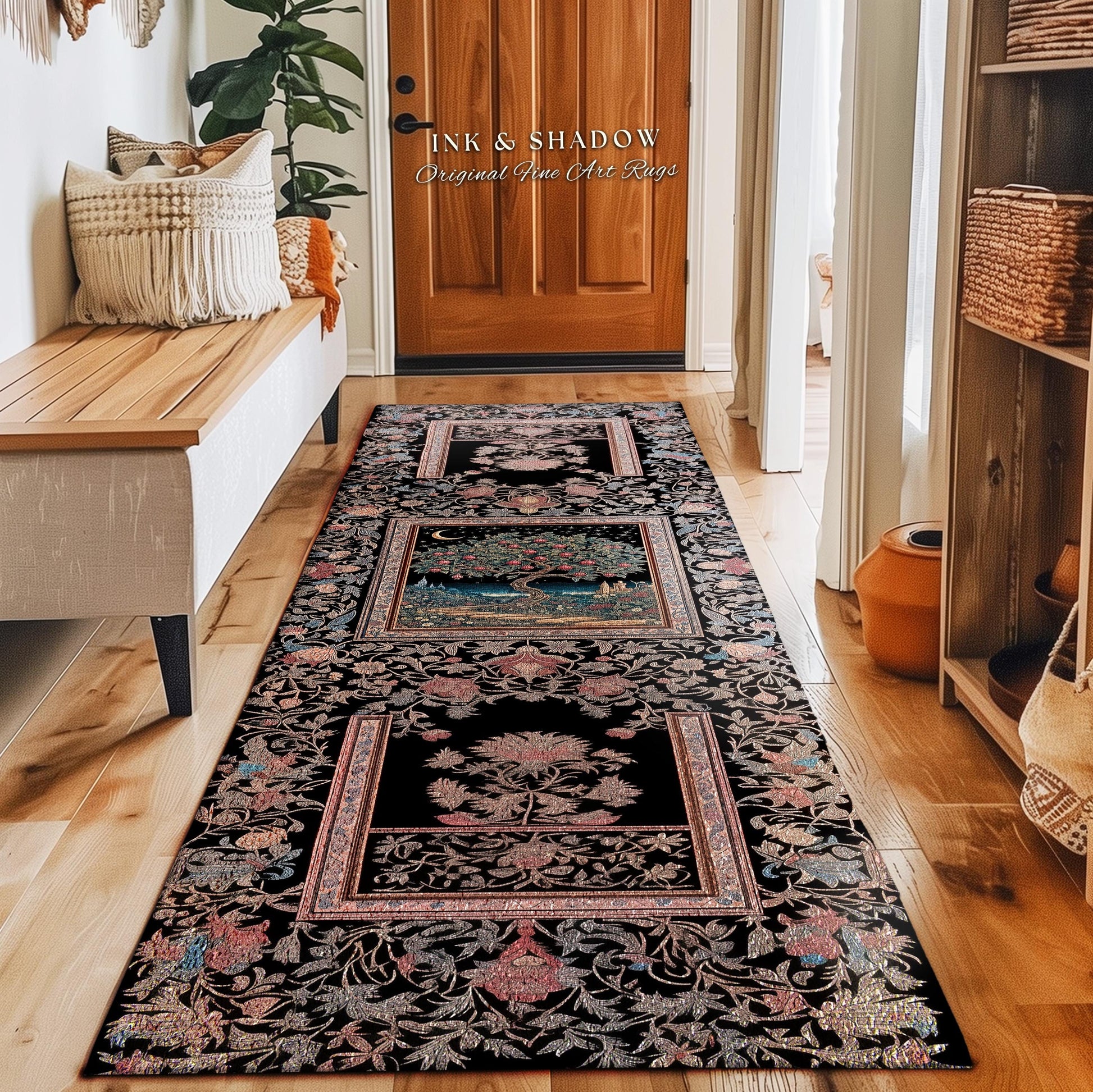 Twilight Orchard Tree of Life Runner Rug Hallway | Enchanted Harvest Medieval Moonlit Magic Art Eclectic Narrow Long Entryway Statement Mat