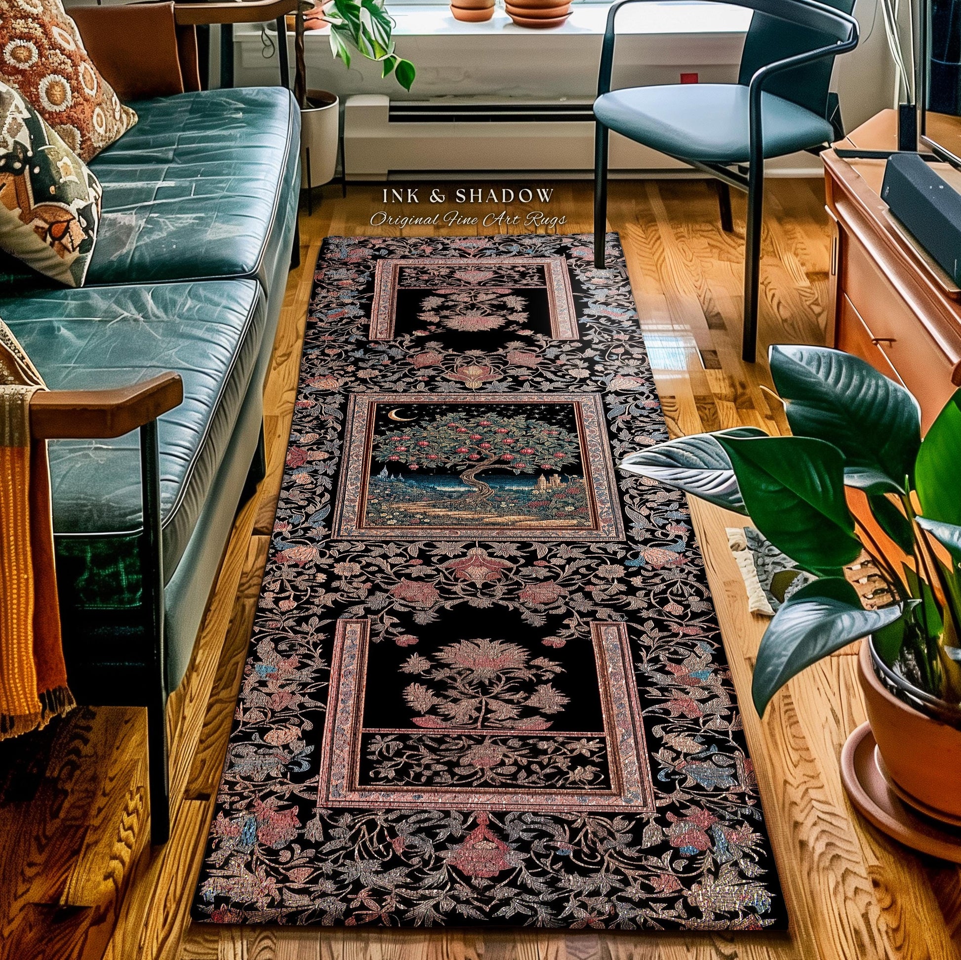 Twilight Orchard Tree of Life Round Rug | Enchanted Harvest Aesthetic Crimson Medieval Moonlit Magic Art Eclectic Interior Home Floor Accent