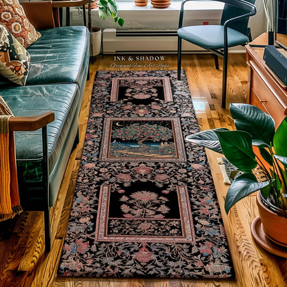 Twilight Orchard Tree of Life Round Rug | Enchanted Harvest Aesthetic Crimson Medieval Moonlit Magic Art Eclectic Interior Home Floor Accent