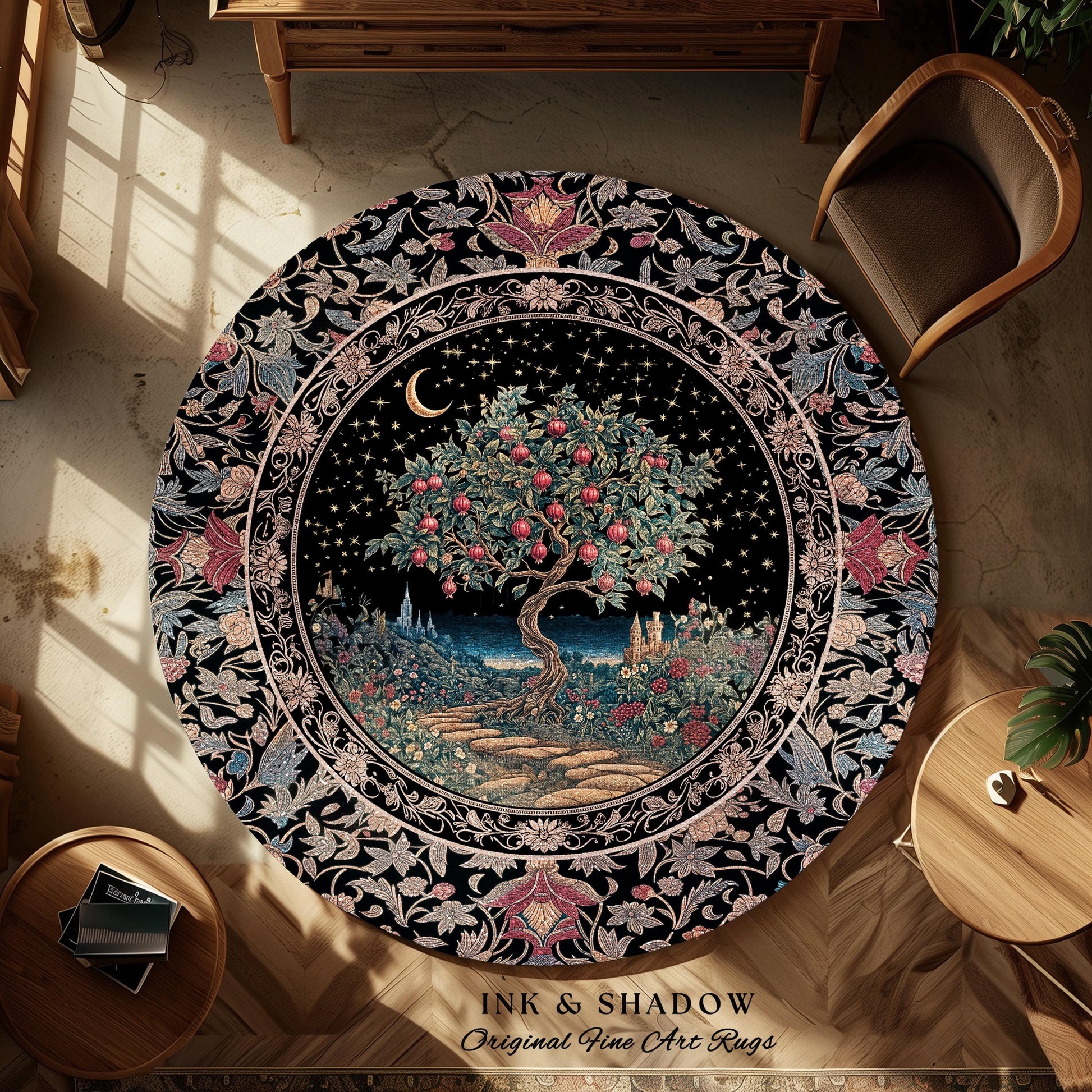 Twilight Orchard Tree of Life Round Rug | Enchanted Harvest Aesthetic Crimson Medieval Moonlit Magic Art Eclectic Interior Home Floor Accent