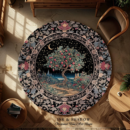 Twilight Orchard Tree of Life Round Rug | Enchanted Harvest Aesthetic Crimson Medieval Moonlit Magic Art Eclectic Interior Home Floor Accent