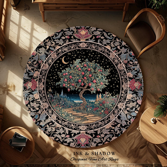Twilight Orchard Tree of Life Round Rug | Enchanted Harvest Aesthetic Crimson Medieval Moonlit Magic Art Eclectic Interior Home Floor Accent