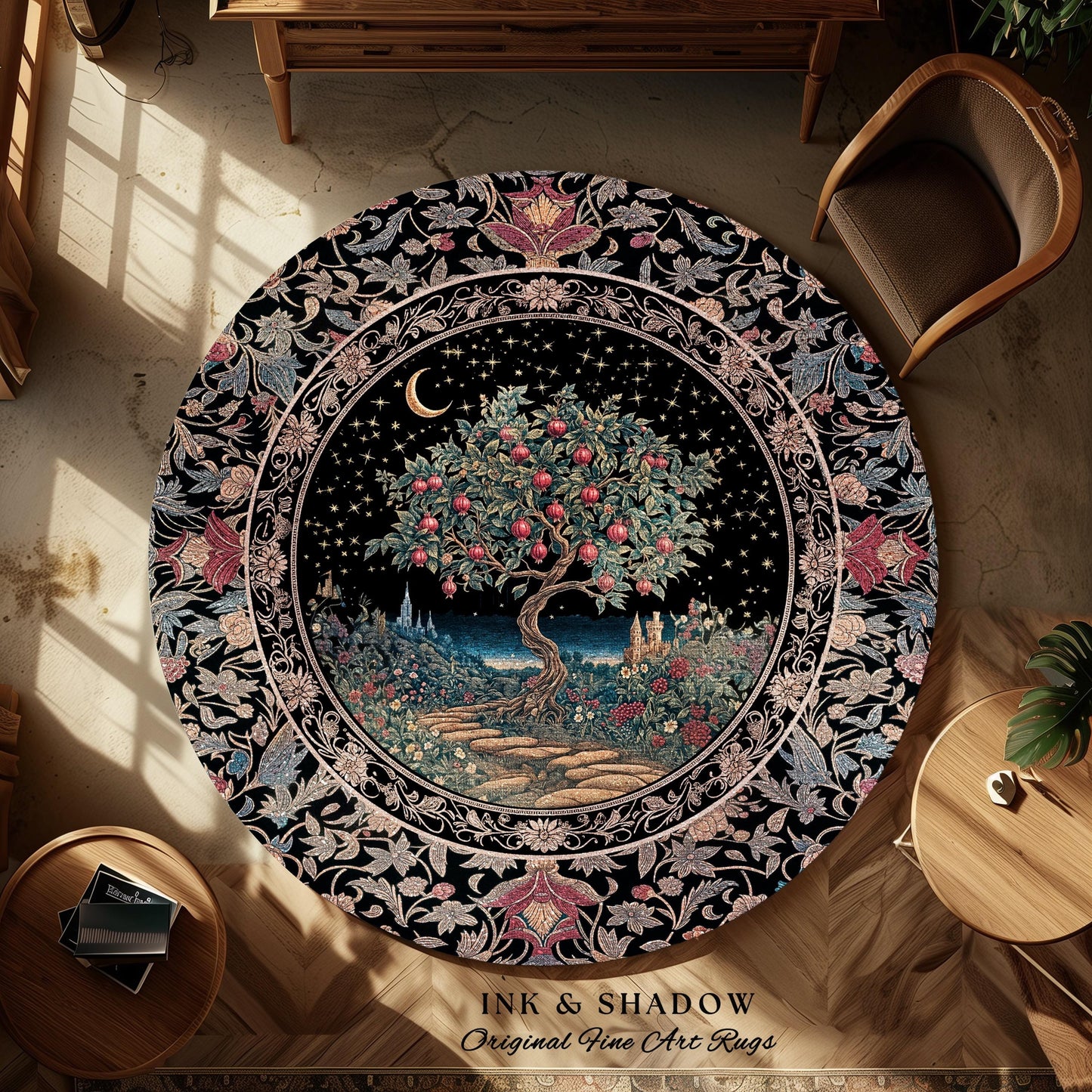 Twilight Orchard Tree of Life Runner Rug Hallway | Enchanted Harvest Medieval Moonlit Magic Art Eclectic Narrow Long Entryway Statement Mat