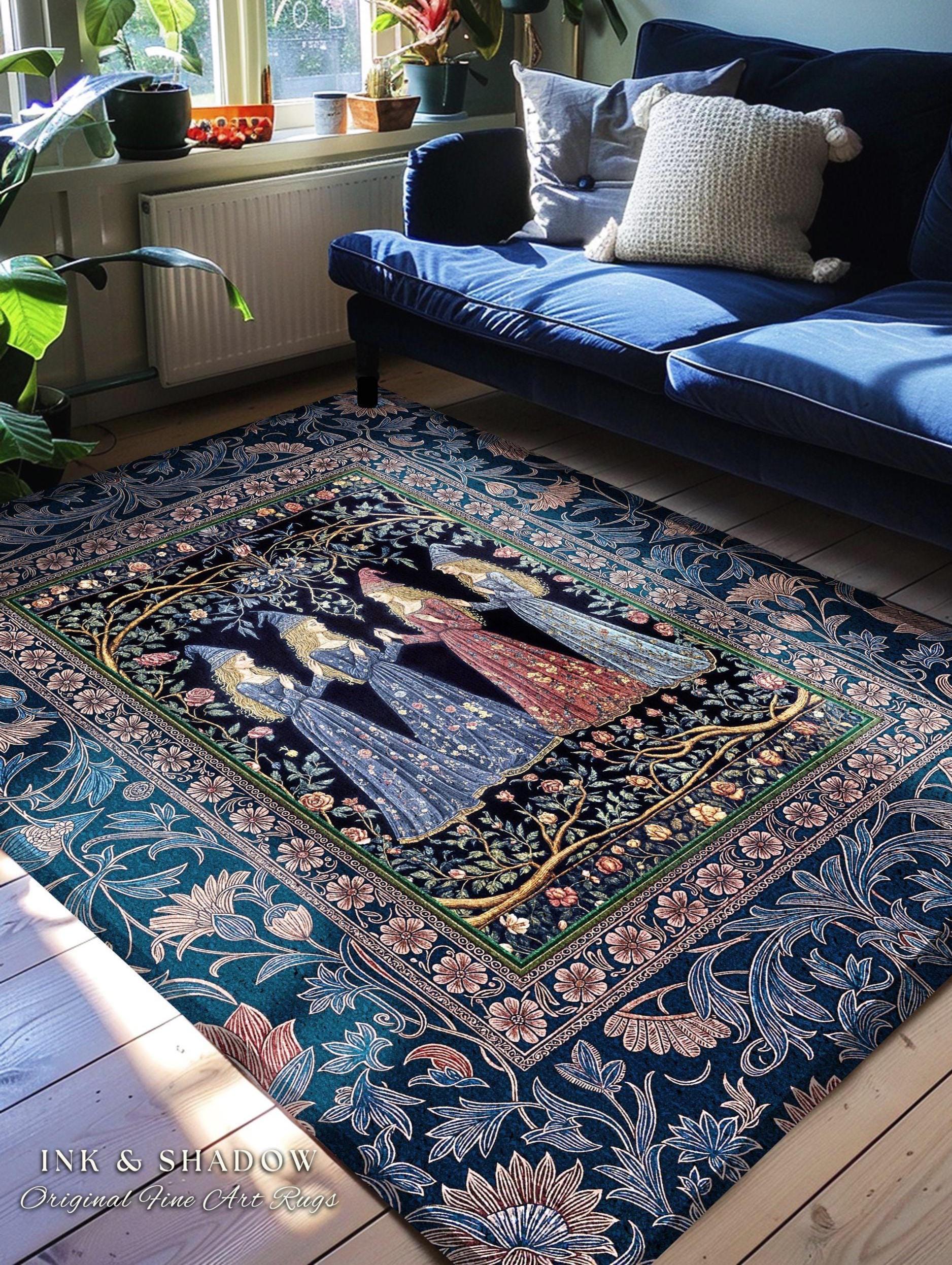 Medieval Coven Celestial Accent Rug | Moody Aesthetic Witches Enchanted Art Nouveau Gothic Ethereal Folklore Bedroom Rug Ornate Magic Decor