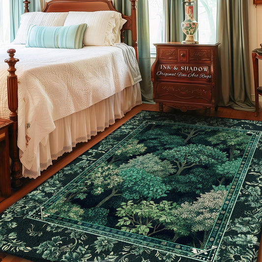 May include: A rectangular area rug with a forest scene in shades of green and black. The rug features a detailed border with floral patterns and the text "INK & SHADOW Original Fine Art Rugs". The rug is placed in a bedroom setting.