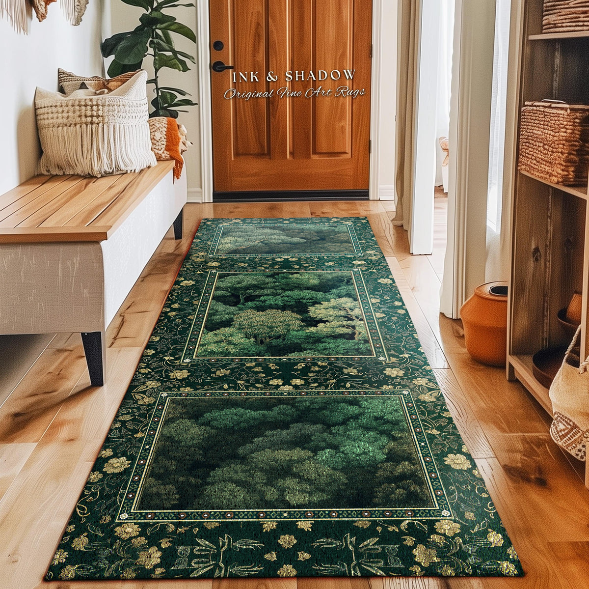 Lush Botanical Green Area Rug | Forest Theme Woodsy Aesthetic Living Room Green Home Decor Housewarming Gift Emerald Green Bedroom Floor Mat