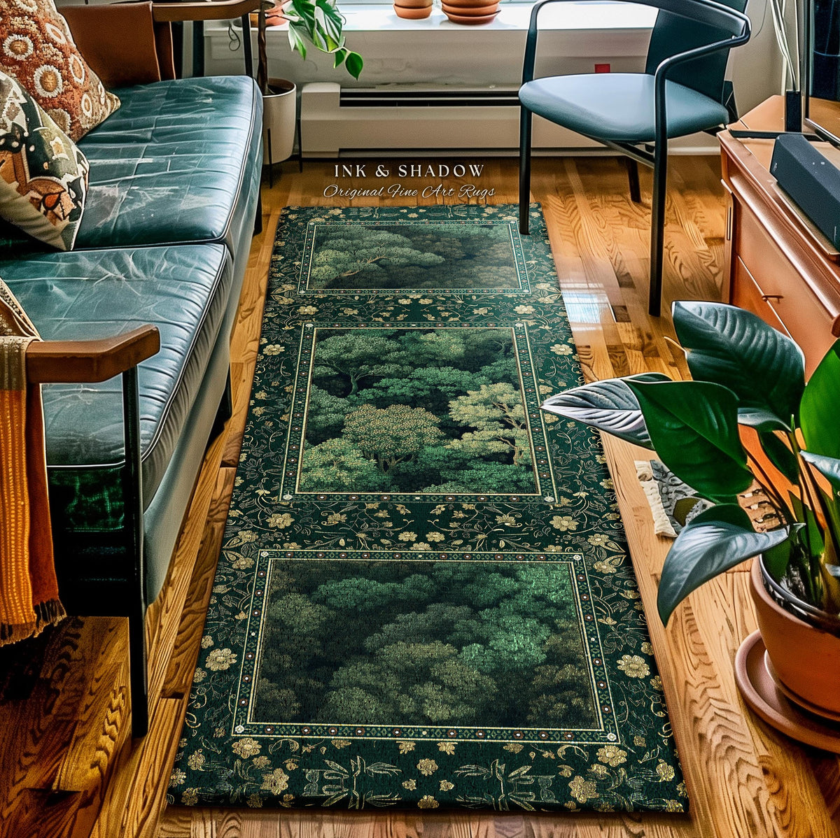 Lush Botanical Green Area Rug | Forest Theme Woodsy Aesthetic Living Room Green Home Decor Housewarming Gift Emerald Green Bedroom Floor Mat