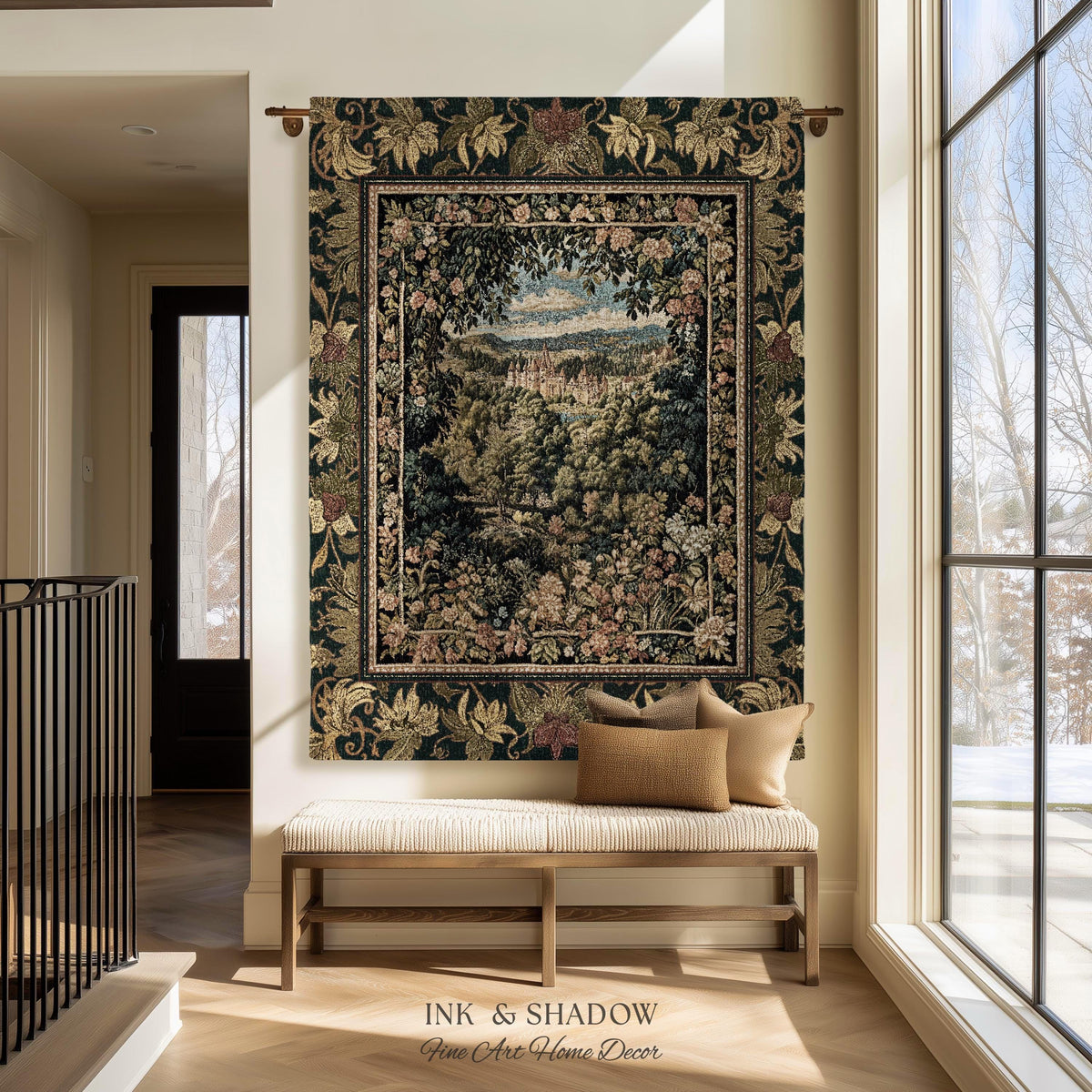Fantasy Castle Botanical Woven Tapestry | Fairycore Princess Blanket Woodland Moody Medieval Woodland Fairytale Whimsy Whimsigothic Decor |
