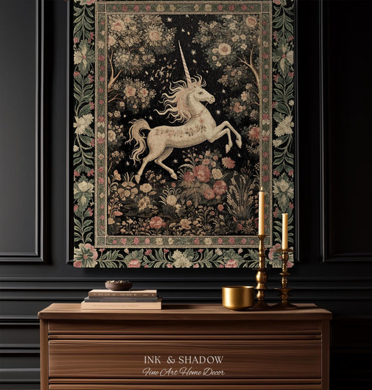 Fairy Aesthetic Unicorn Tapestry Blanket | Whimsigoth Room Decor William Morris Inspired Cottagecore Aesthetic Fairycore Woven Throw Magical