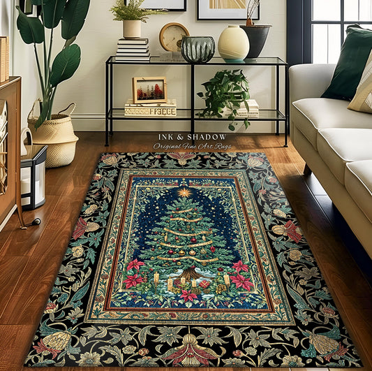 May include: A rectangular area rug with a Christmas tree design. The rug features a dark blue background with a detailed Christmas tree in the center, adorned with ornaments and a star. The border is black with floral patterns. The text "INK & SHADOW Original Fine Art Rugs" is visible.